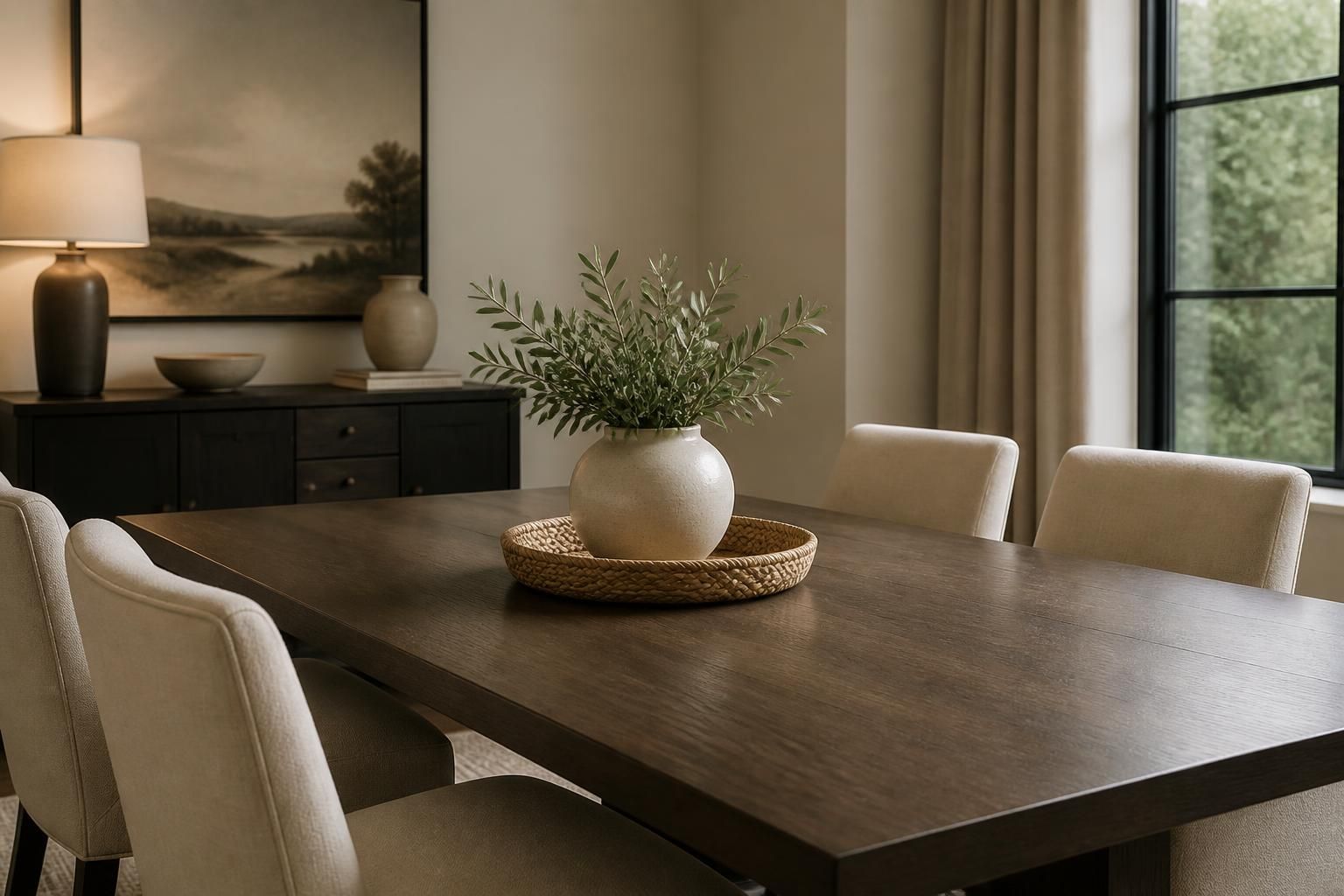 Finished dining room with table, chairs, and simple decor.