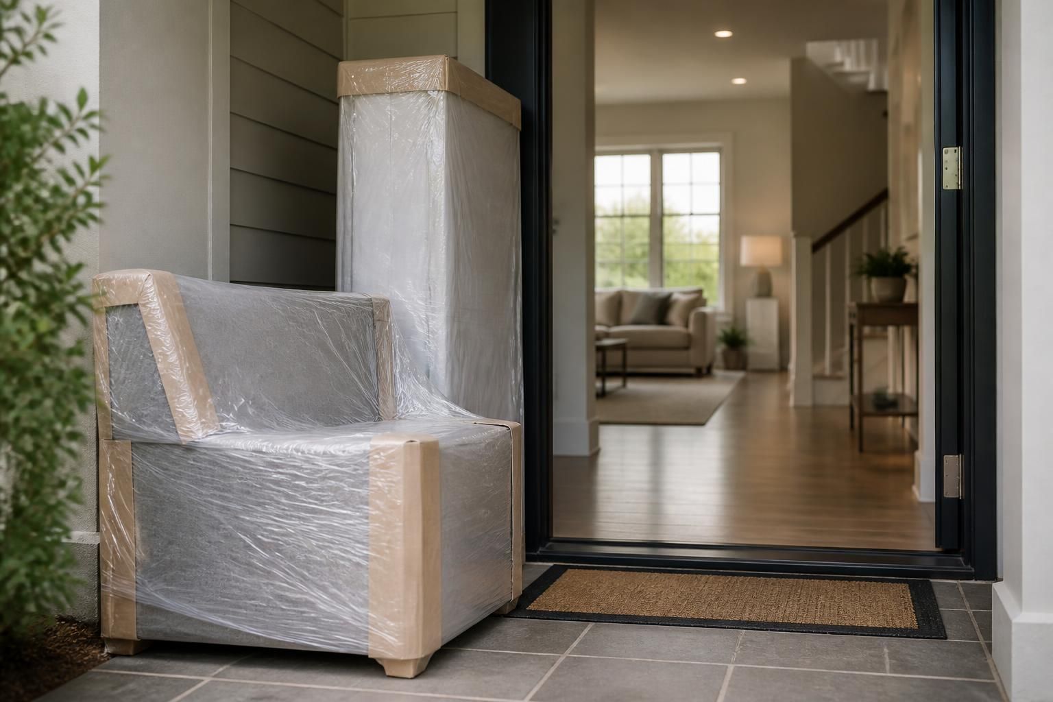 Pristine furniture delivery setup at a home entryway.