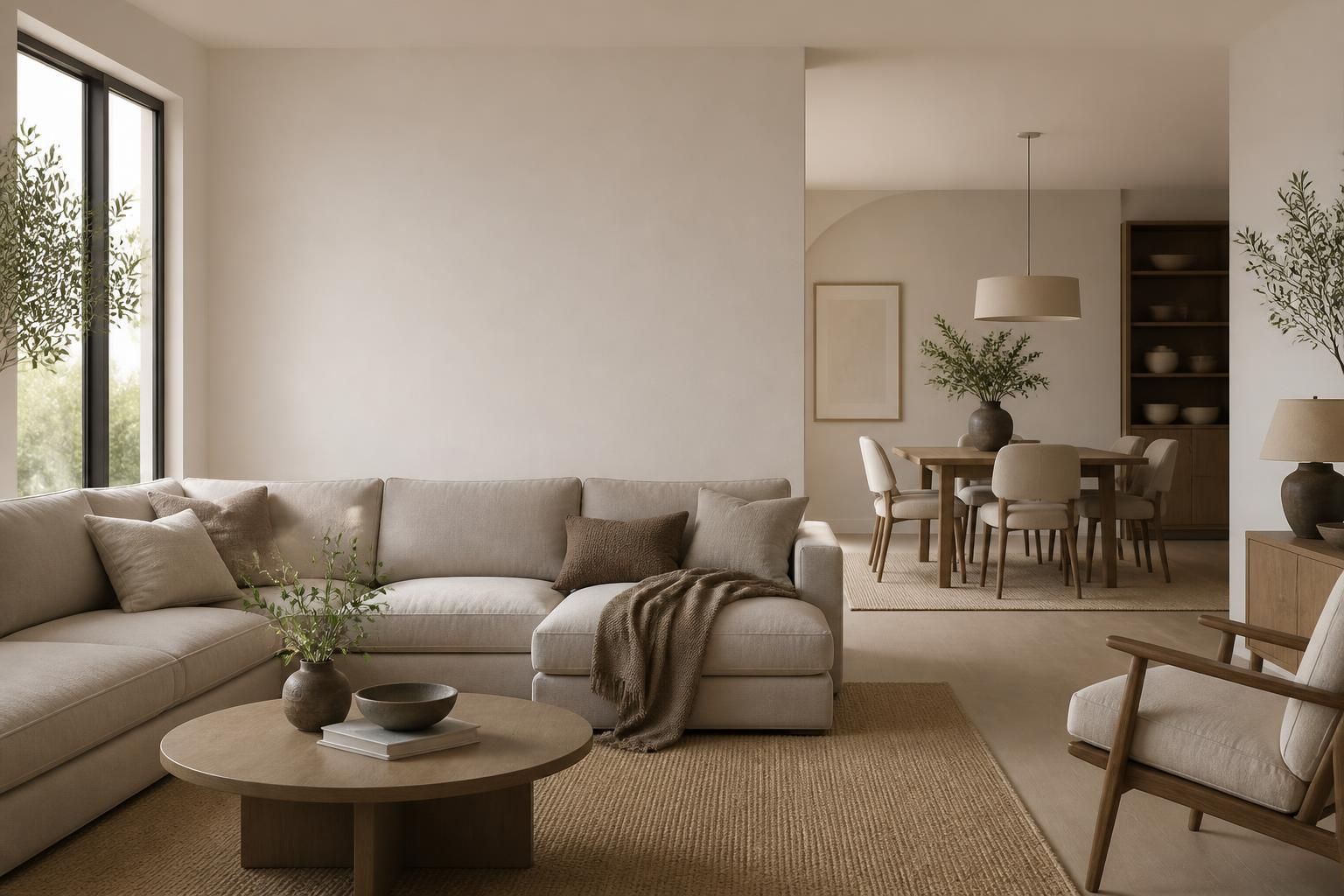 Welcoming furniture showroom with sectional and open space for text.