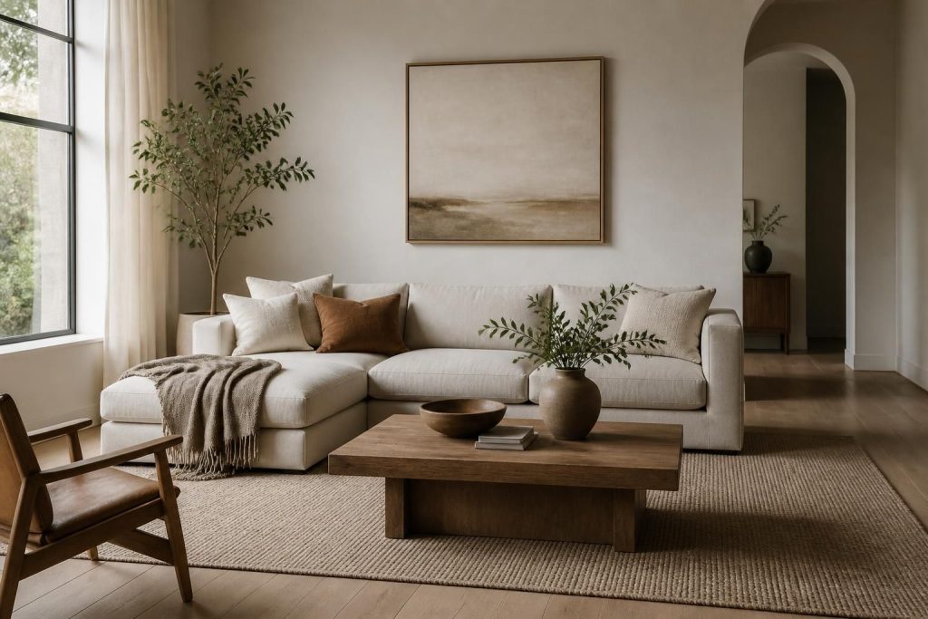 Styled living room with sofa, coffee table, and soft natural light.